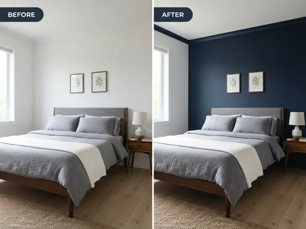 Before and after of a bedroom accent wall painted deep navy behind the bed
