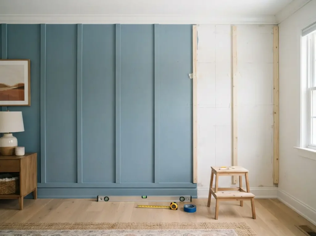 Half finished board and batten wall in a bedroom with wood strips, a level and painter's tape

