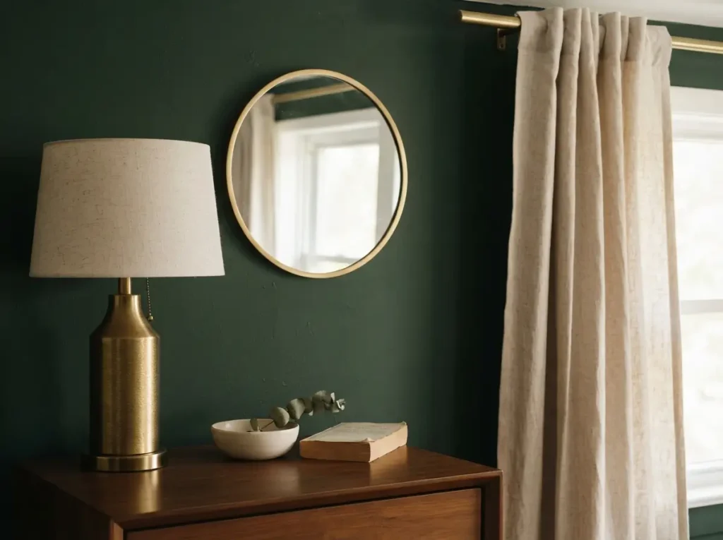 Brass lamp base, mirror frame and curtain rod in a bedroom
