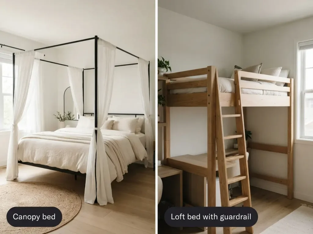 Canopy bed with sheer drapes next to a loft bed with a tall guardrail
