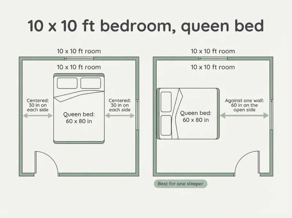 Bedroom floor plan showing 30 to 36 inch walkways, 24 inches beside the bed and 36 inches at the dresser and closet
