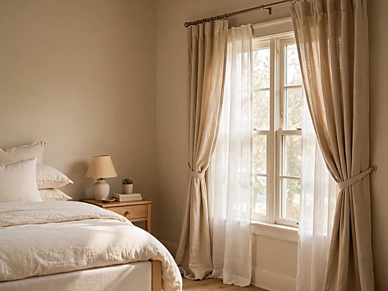 Bedroom window with full-length neutral curtains, soft natural light, and coordinated bedding.