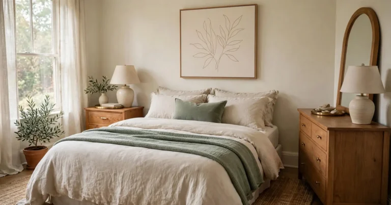 Bedroom decor ideas in one styled room: oversized art above the bed, layered pillows, a styled nightstand and dresser