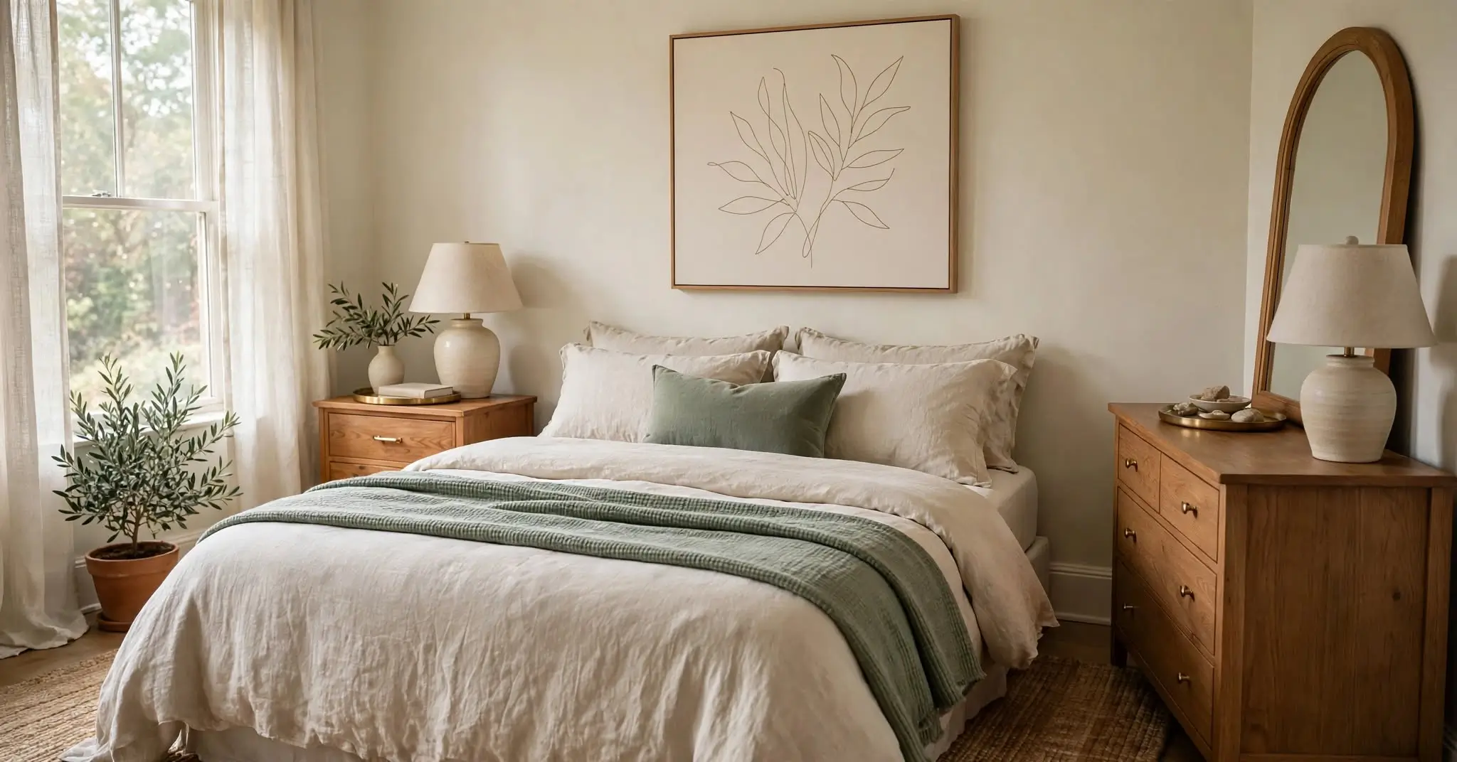 Bedroom decor ideas in one styled room: oversized art above the bed, layered pillows, a styled nightstand and dresser