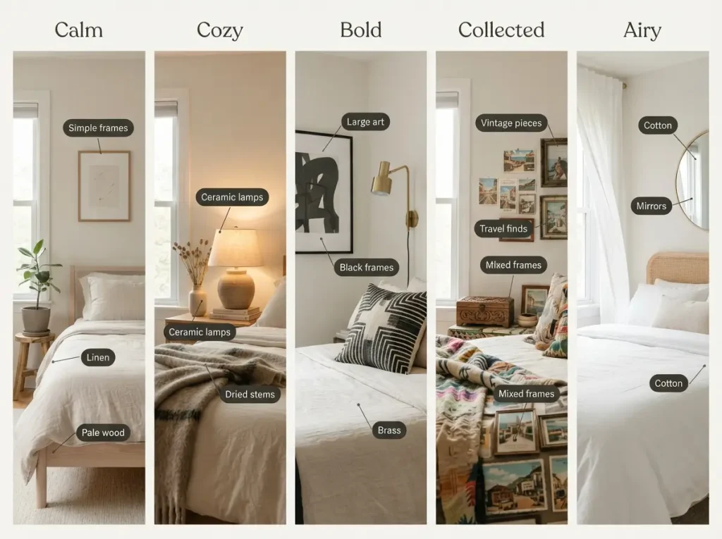 Five panel mood board comparing calm, cozy, bold, collected and airy bedroom decor styles
