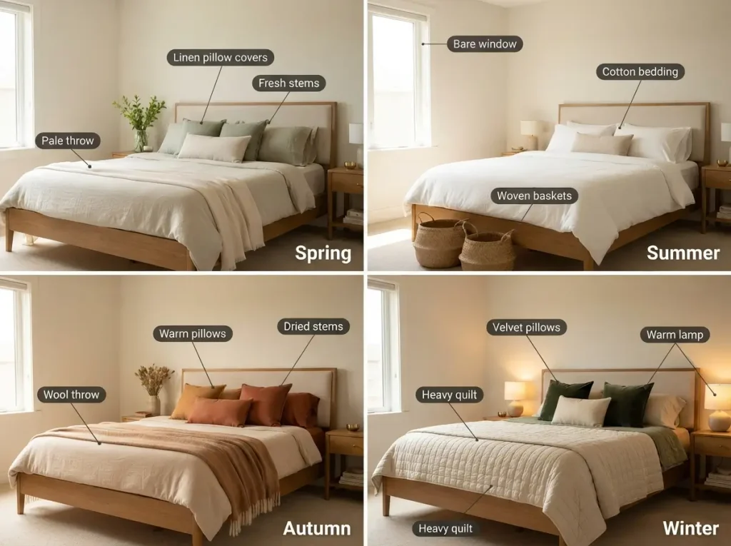 Four photos of the same bed styled for spring, summer, autumn and winter with different small decor
