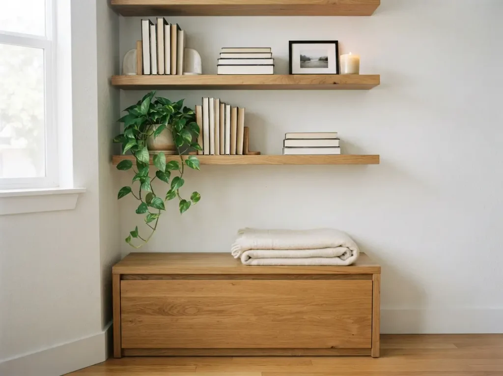 Two oak floating shelves with books and plants above a bedroom bench
