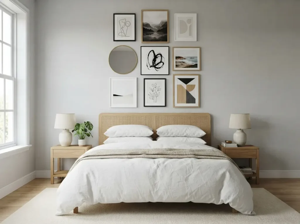 Gallery wall of framed prints and a round mirror hung above a bed

