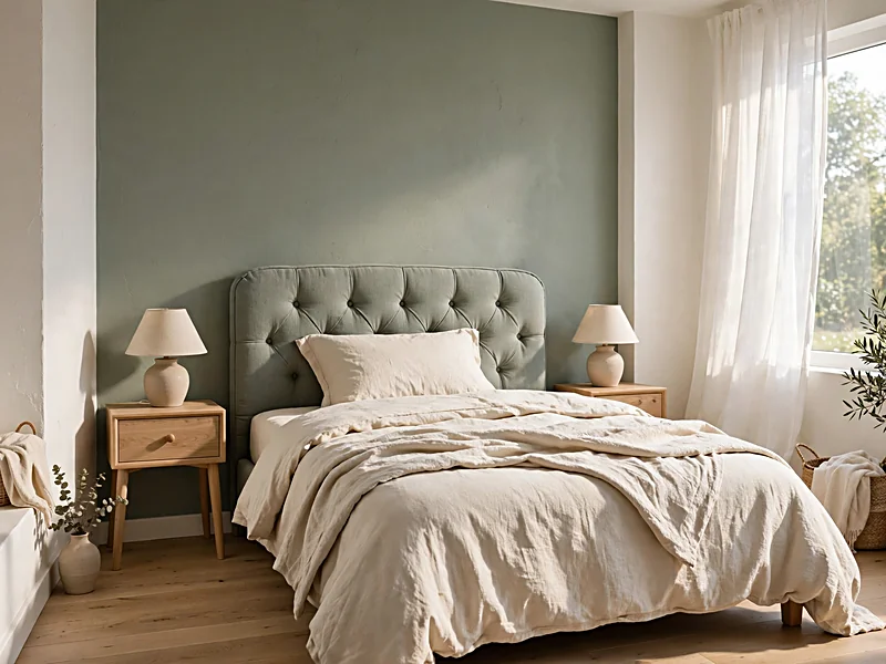 Bedroom with an upholstered headboard against a muted green accent wall and simple bedside furniture.