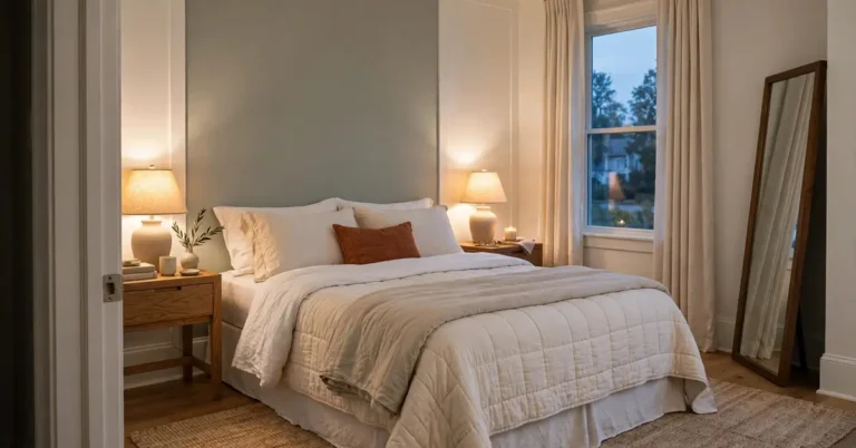 Bedroom ideas with a sage green accent wall, layered bedding, warm lamps and a rug sized to the bed