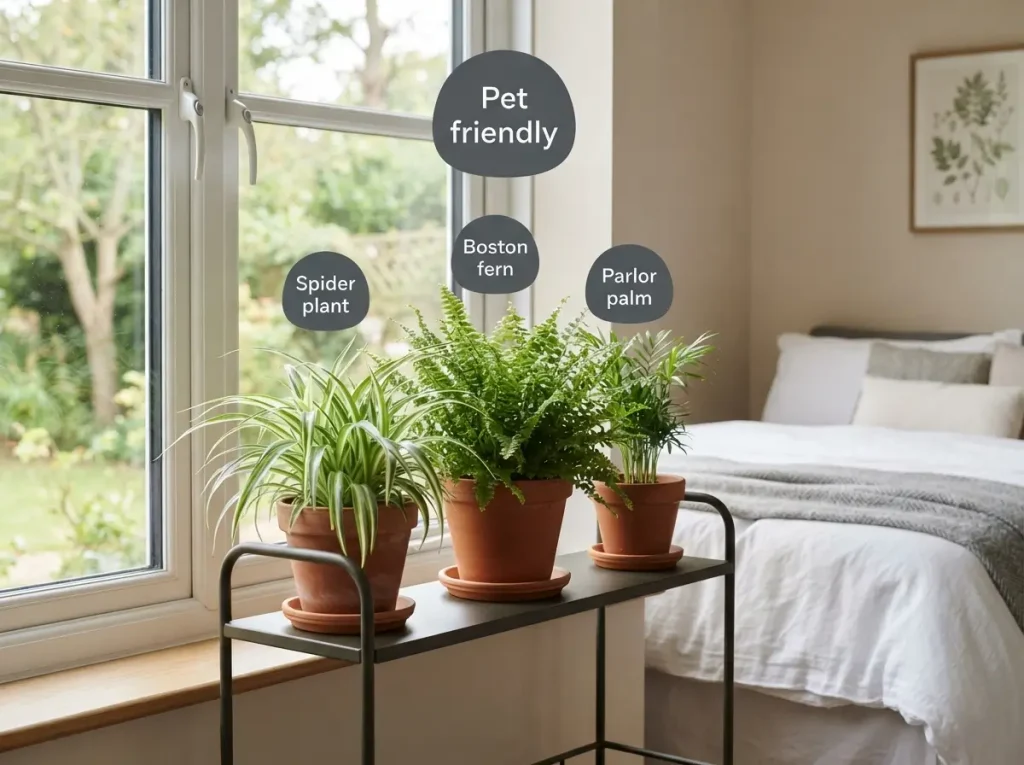 Spider plant, Boston fern and parlor palm in a sunny bedroom window
