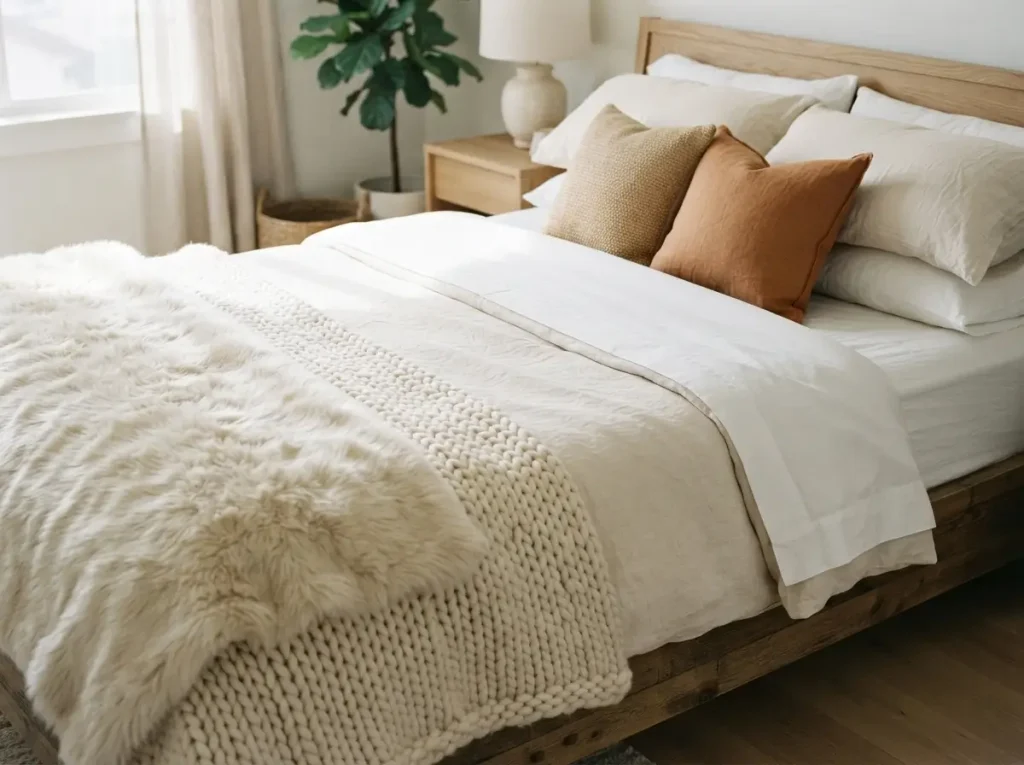 Layered bedding with a white duvet, knit throw, pillows in two sizes and a faux fur blanket
