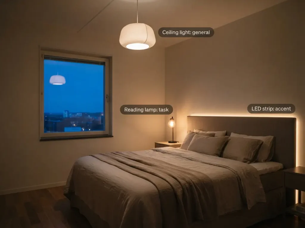 Bedroom at night showing ceiling light, bedside reading lamp and LED strip accent lighting
