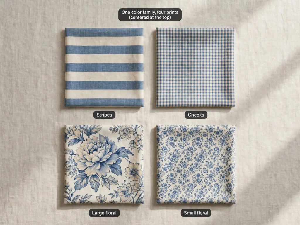 Flat lay of striped, checked and floral pillow fabrics in one blue color family
