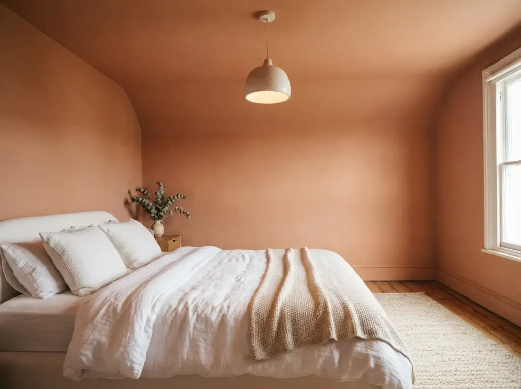 Bedroom with a soft terracotta painted ceiling and matching upper walls
