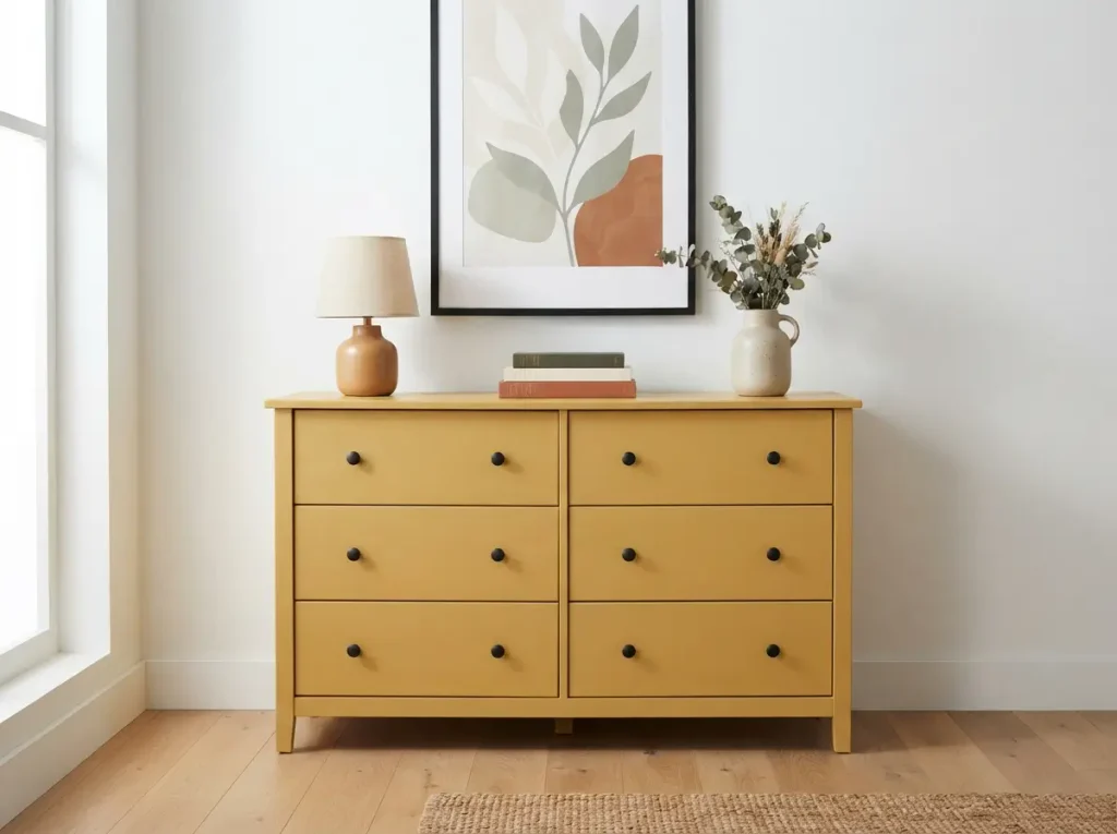 Dresser painted bold mustard yellow with black handles in a bedroom
