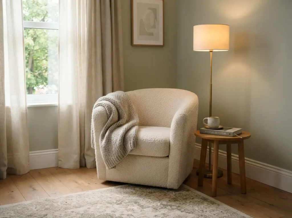 Cream bouclé armchair with a draped throw, a brass floor lamp and a small round side table in a corner
