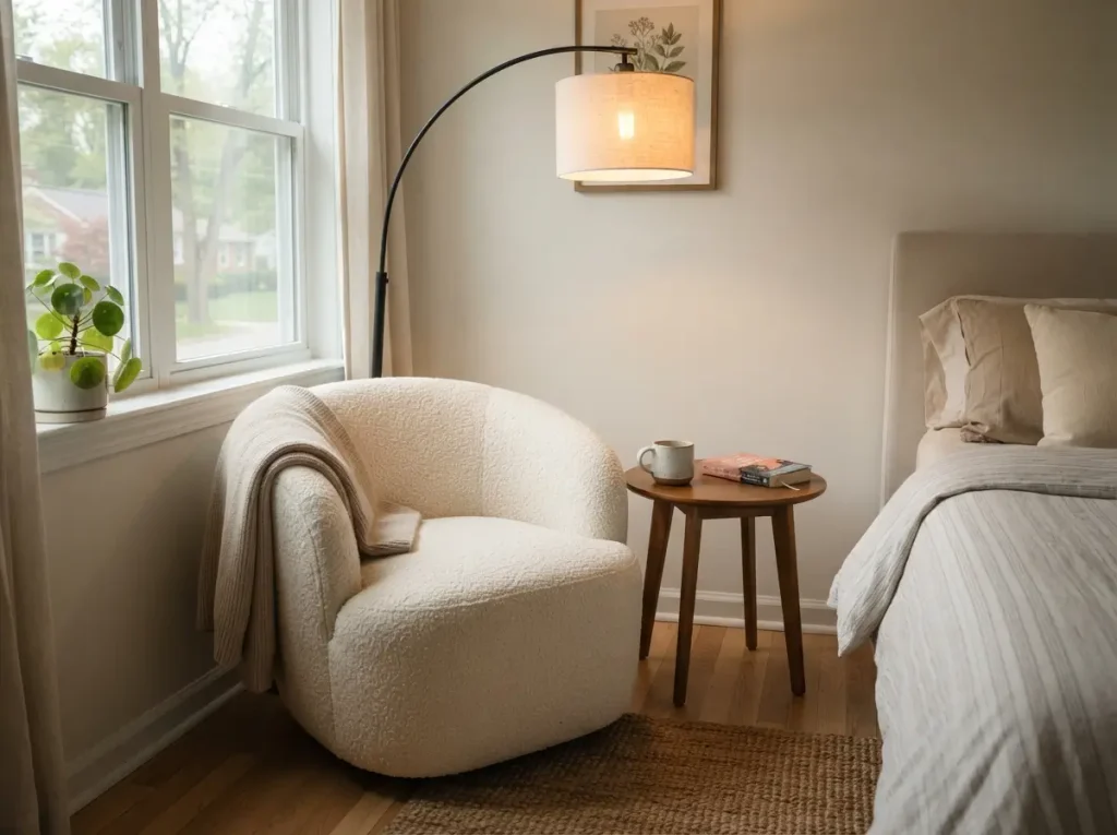 Bedroom reading corner with an accent chair, small round table and arc floor lamp by a window
