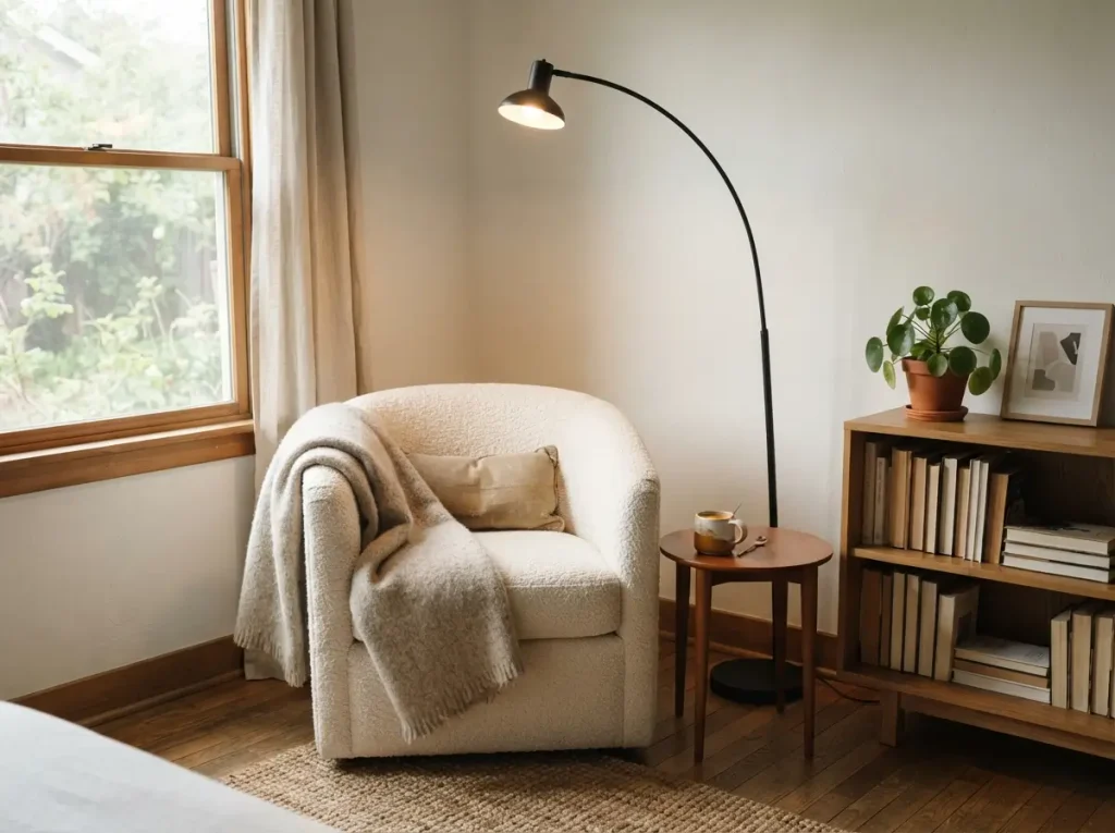 Bedroom reading nook with an armchair, floor lamp and small bookshelf
