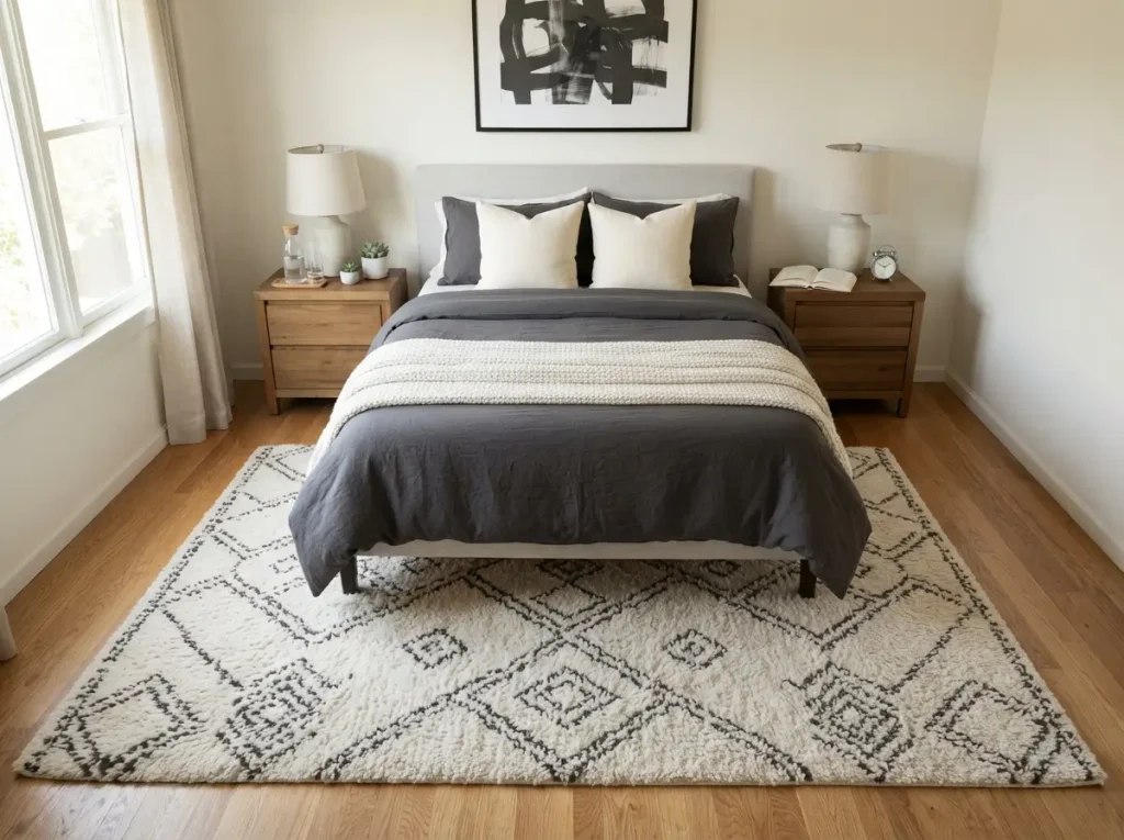 Large patterned rug extending past both sides of a bed
