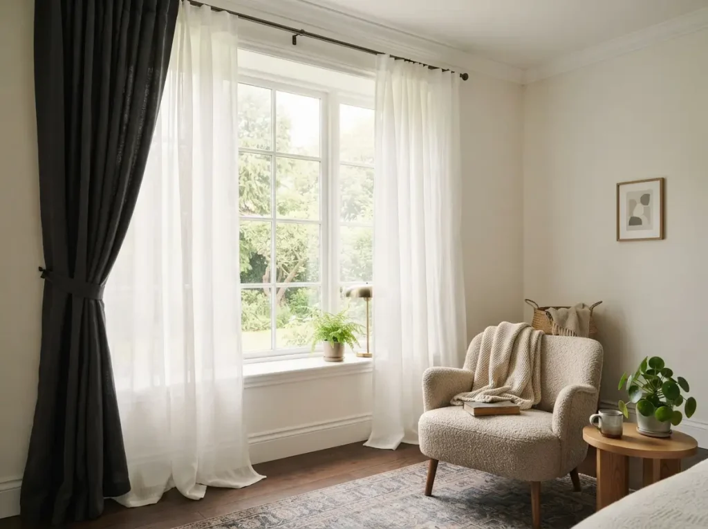 Floor length sheer white curtains hung near the ceiling over a bedroom window
