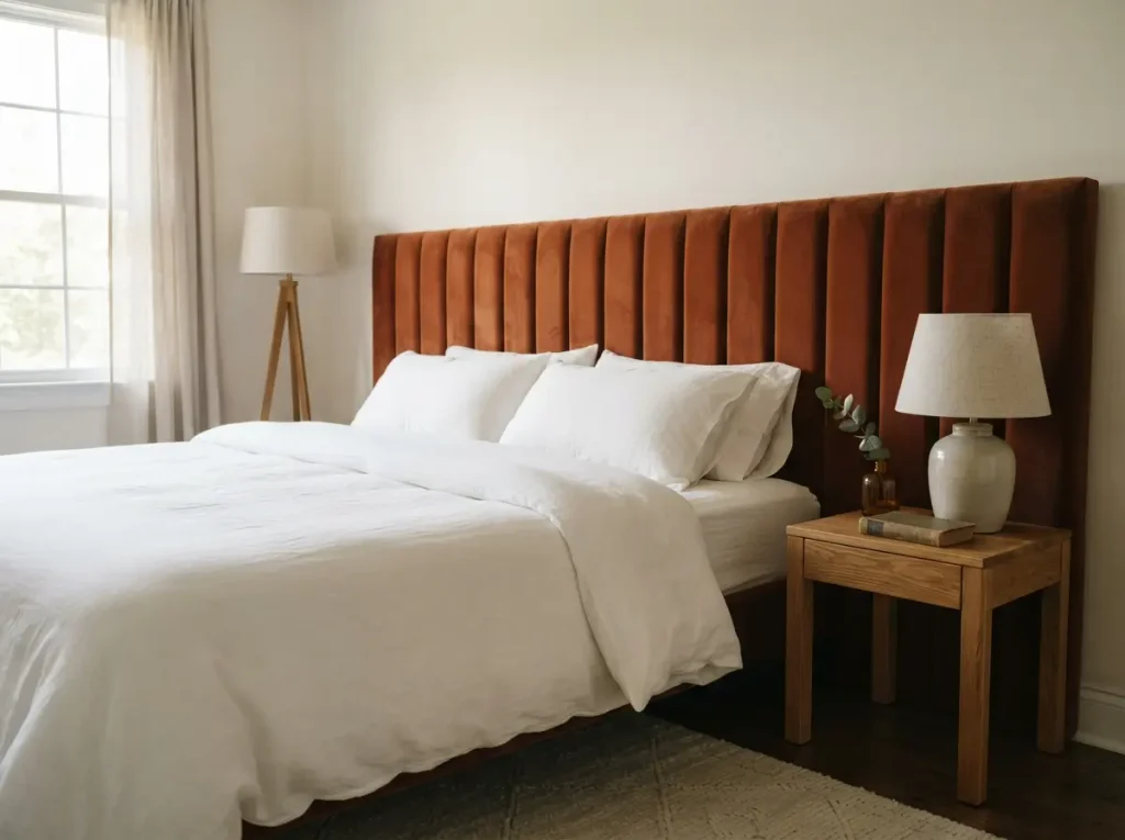 Tall upholstered channel tufted headboard in rust velvet on a bedroom bed
