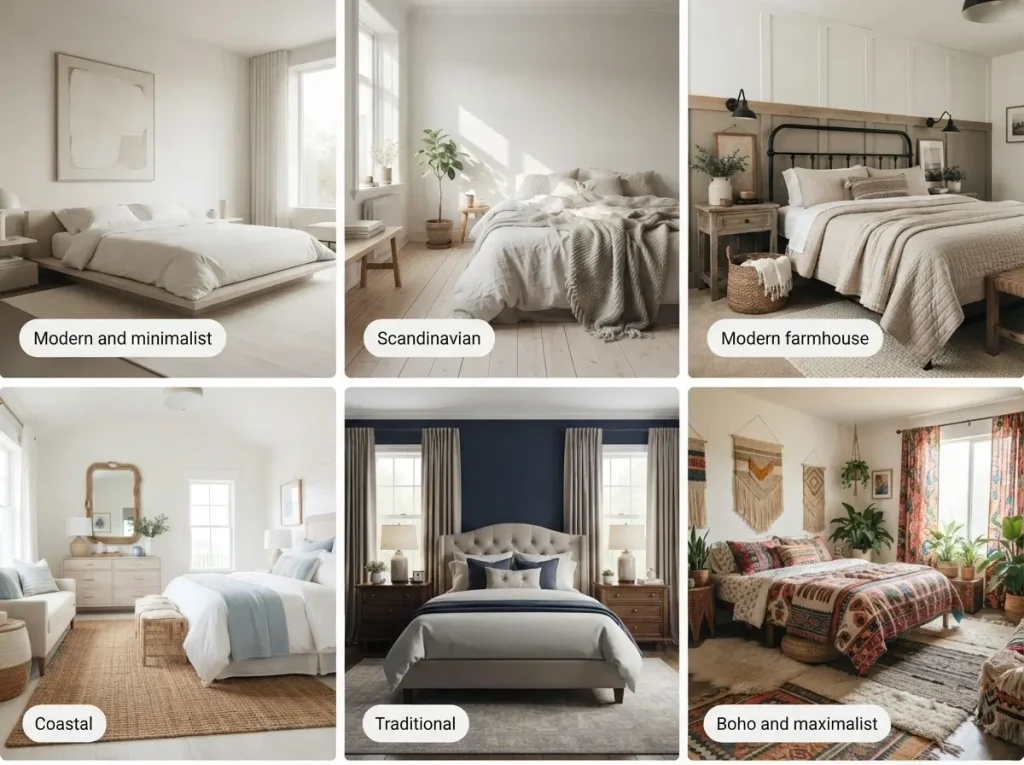 Six bedroom styles in one grid: modern, Scandinavian, farmhouse, coastal, traditional and boho
