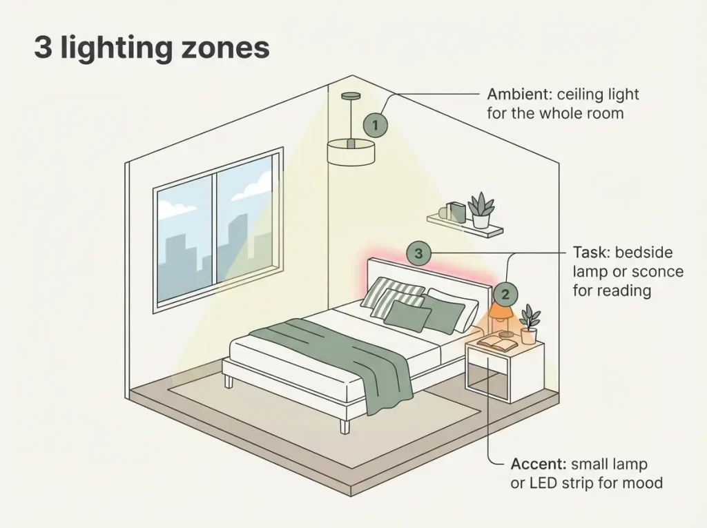 Bedroom lighting diagram showing ambient ceiling light, task bedside lamp and accent LED strip zones

