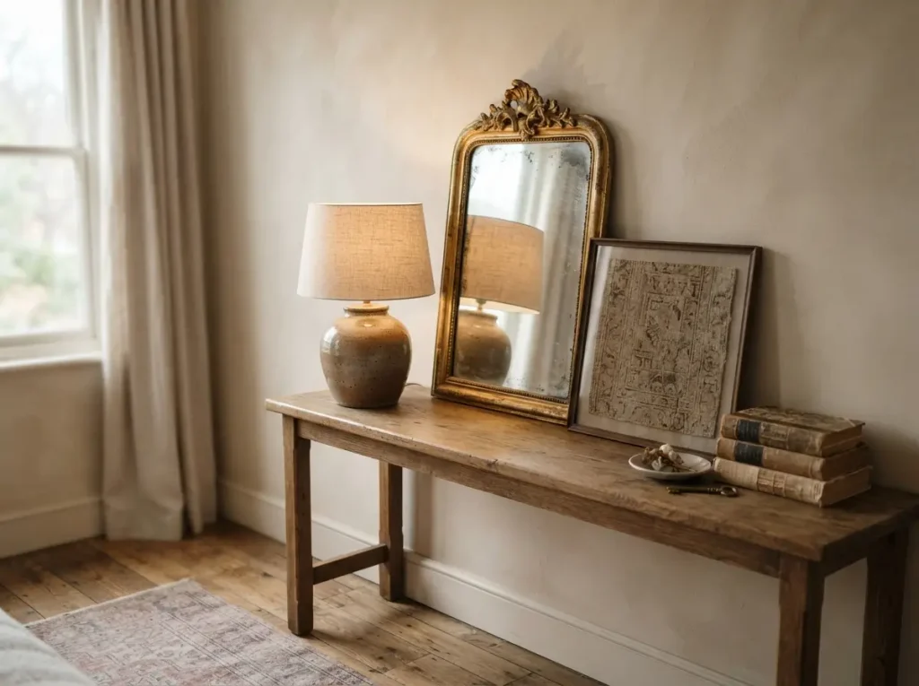 Bedroom corner with a thrifted lamp, an antique mirror and a framed vintage textile
