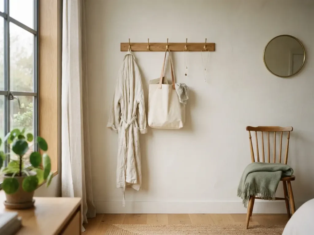 Wooden hook rail on a bedroom wall holding a linen robe, a canvas tote and two necklaces
