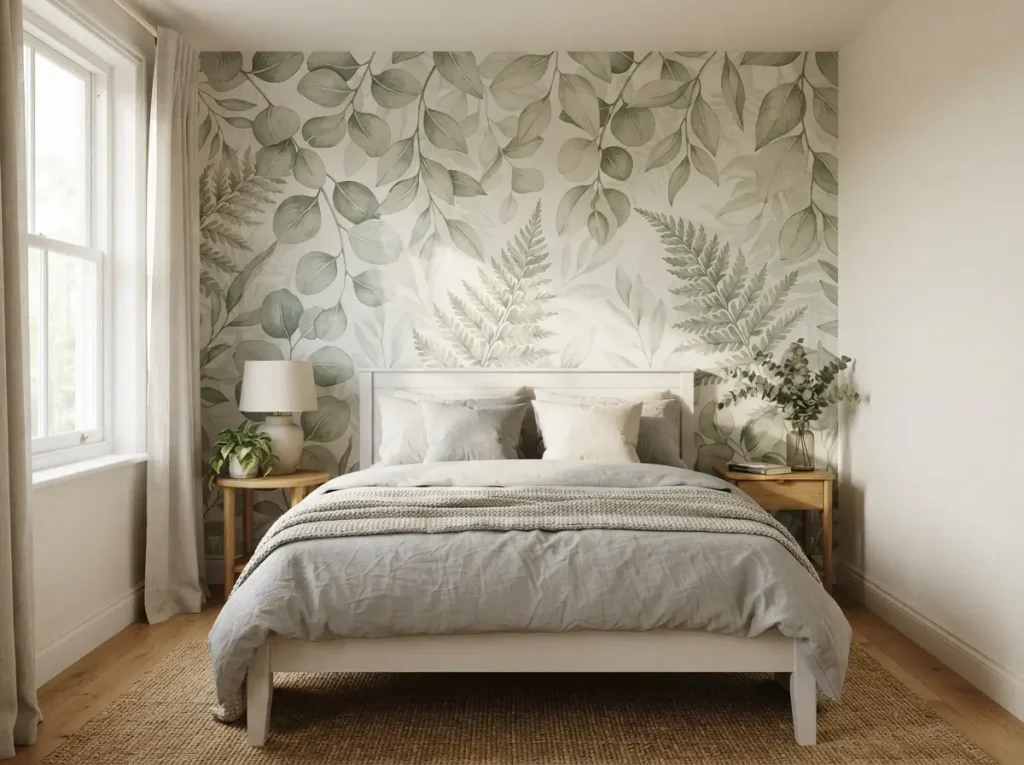 Bedroom with a botanical pattern wallpaper on the wall behind the bed
