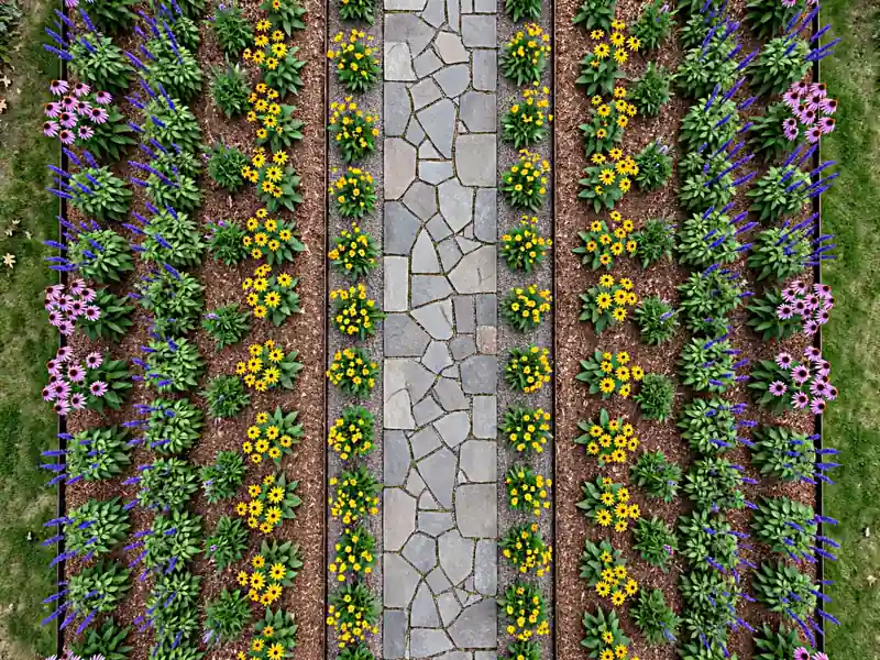 Square beginner flower garden with two colorful planting beds separated by a central walkway.
