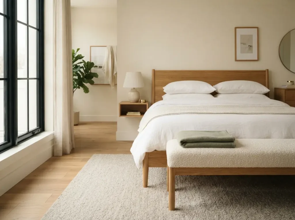 Upholstered bench at the foot of a bed with a folded sage blanket, slightly shorter than the bed
