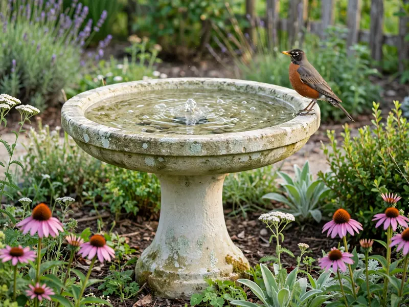 Shallow stone birdbath fountain with gentle bubbling water and a small songbird at the rim.