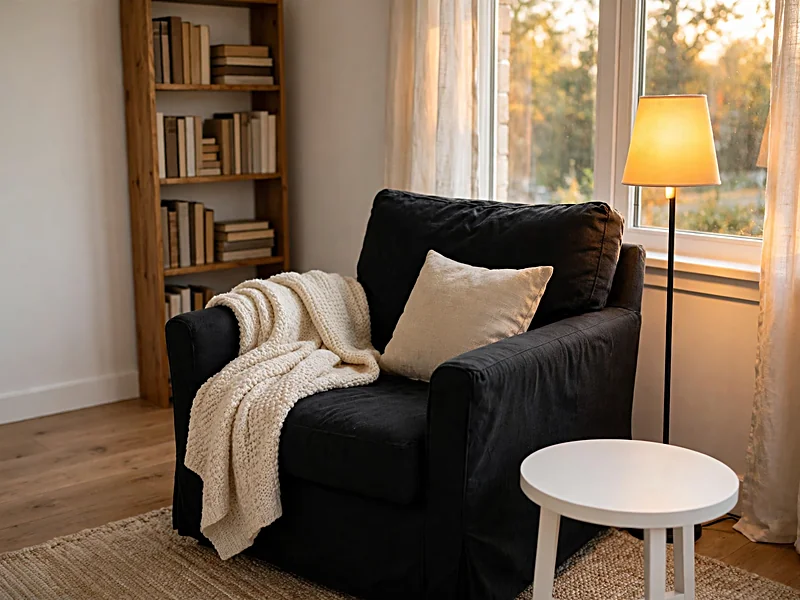 Cozy reading corner with a black armchair, white side table, floor lamp, and cream knitted throw.