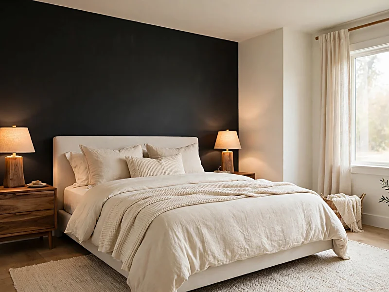 Bedroom with a charcoal-black accent wall, cream bedding, wooden nightstands, and warm bedside lamps.