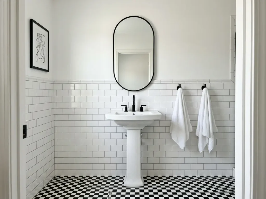 Black and white bathroom with checkerboard floor, subway tile walls, and matte black fixtures