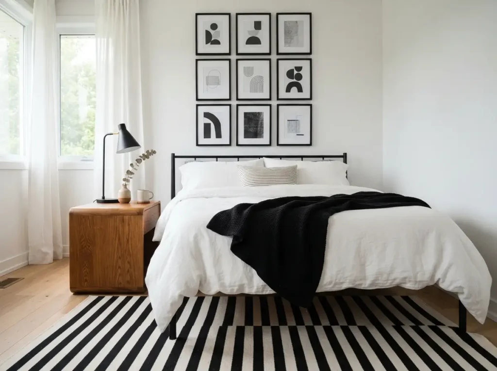 Black and white bedroom with white walls, black frames and a striped rug