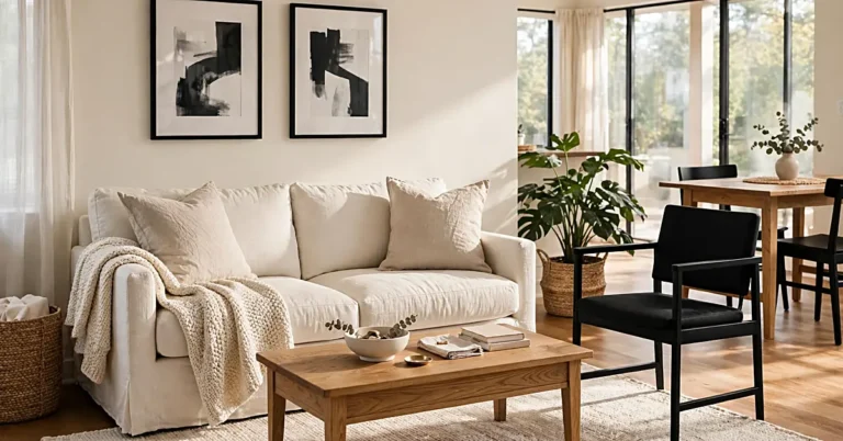 Cozy black and white living room with a white sofa, black accent chair, natural wood furniture, and a textured rug.