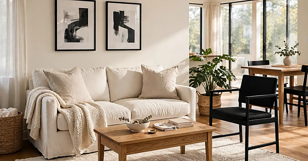 Cozy black and white living room with a white sofa, black accent chair, natural wood furniture, and a textured rug.