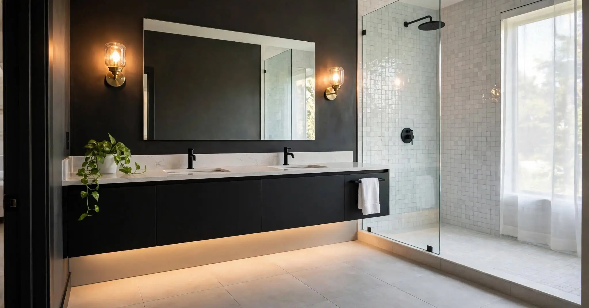 Bright black bathroom with a matte black vanity, white quartz counter, brass sconces, and warm light