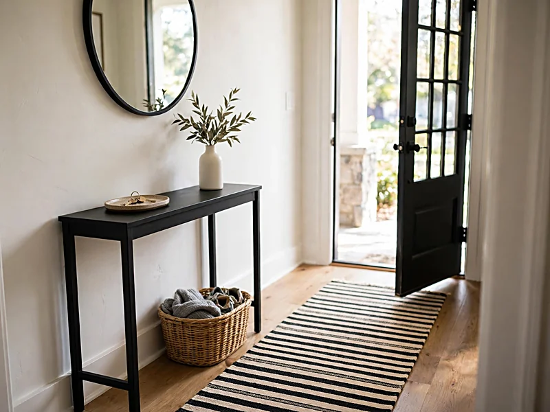 Narrow black entryway console with a round mirror, key tray, woven basket, and light walls.