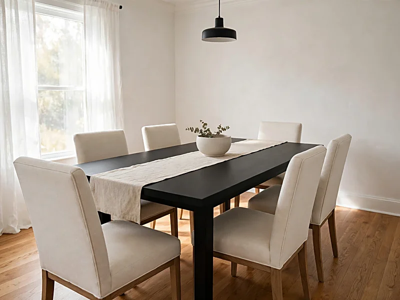 Black dining table surrounded by cream upholstered chairs in a bright dining room with wood flooring.