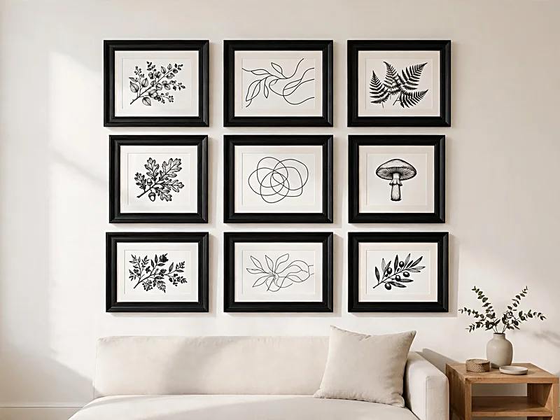 White living room wall decorated with a balanced arrangement of black-framed botanical and abstract prints.