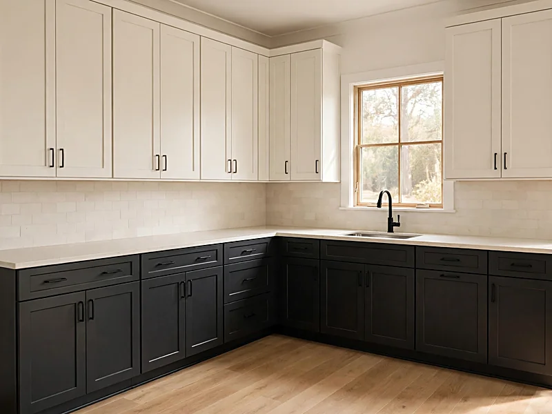 Two-tone kitchen with charcoal lower cabinets, white upper cabinets, and a pale backsplash.