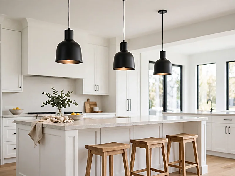 Three black pendant lights hanging above a white kitchen island with natural wood stools.