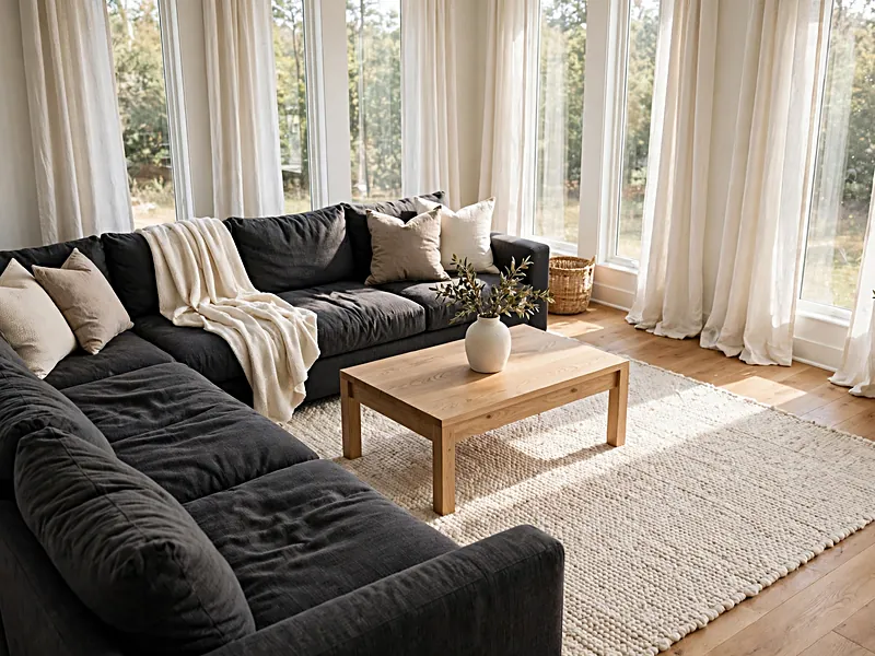 Charcoal sectional sofa with a cream area rug and floor-length off-white curtains in a bright living room.