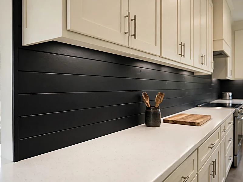 Matte black horizontal shiplap backsplash contrasting with white quartz countertops and cream kitchen cabinets.