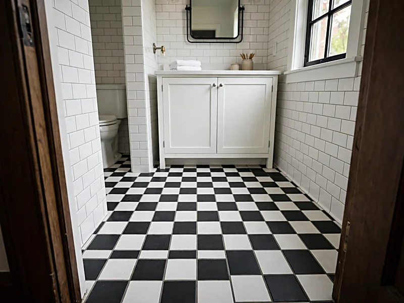 Bathroom with black and white checkerboard floor tiles, white subway tile walls, and a simple vanity.