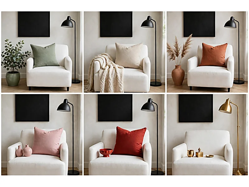 Six black and white decor arrangements showing sage green, beige, terracotta, dusty pink, red, and brass accents.